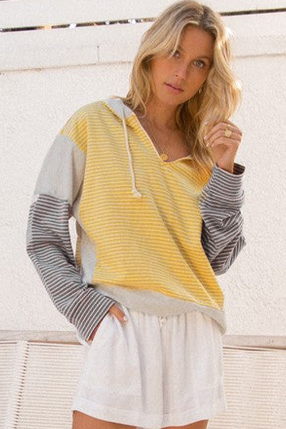 Yellow Stripe Colorblock Drawstring V Neck Loose Fit Hooded Top 1548e2a948ec452a
