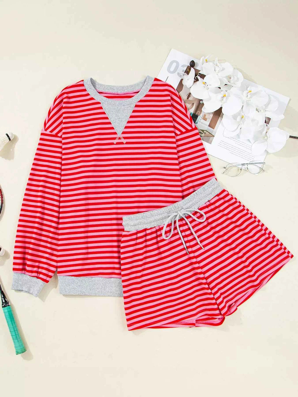 Stripe Drop Shoulder Baggy Top and Shorts Casual Set 15503a11e62042f58f23e25dc3eaabea-Max-Origin