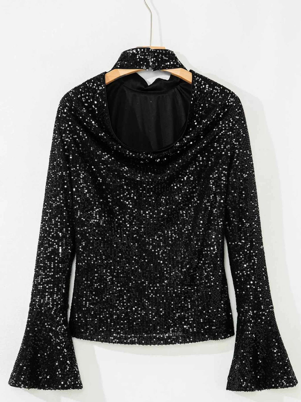Sequin Mock Neck Drape Open Back Bell Sleeve Top 15534b2d12af47a0ba34f64a742a849d-Max-Origin