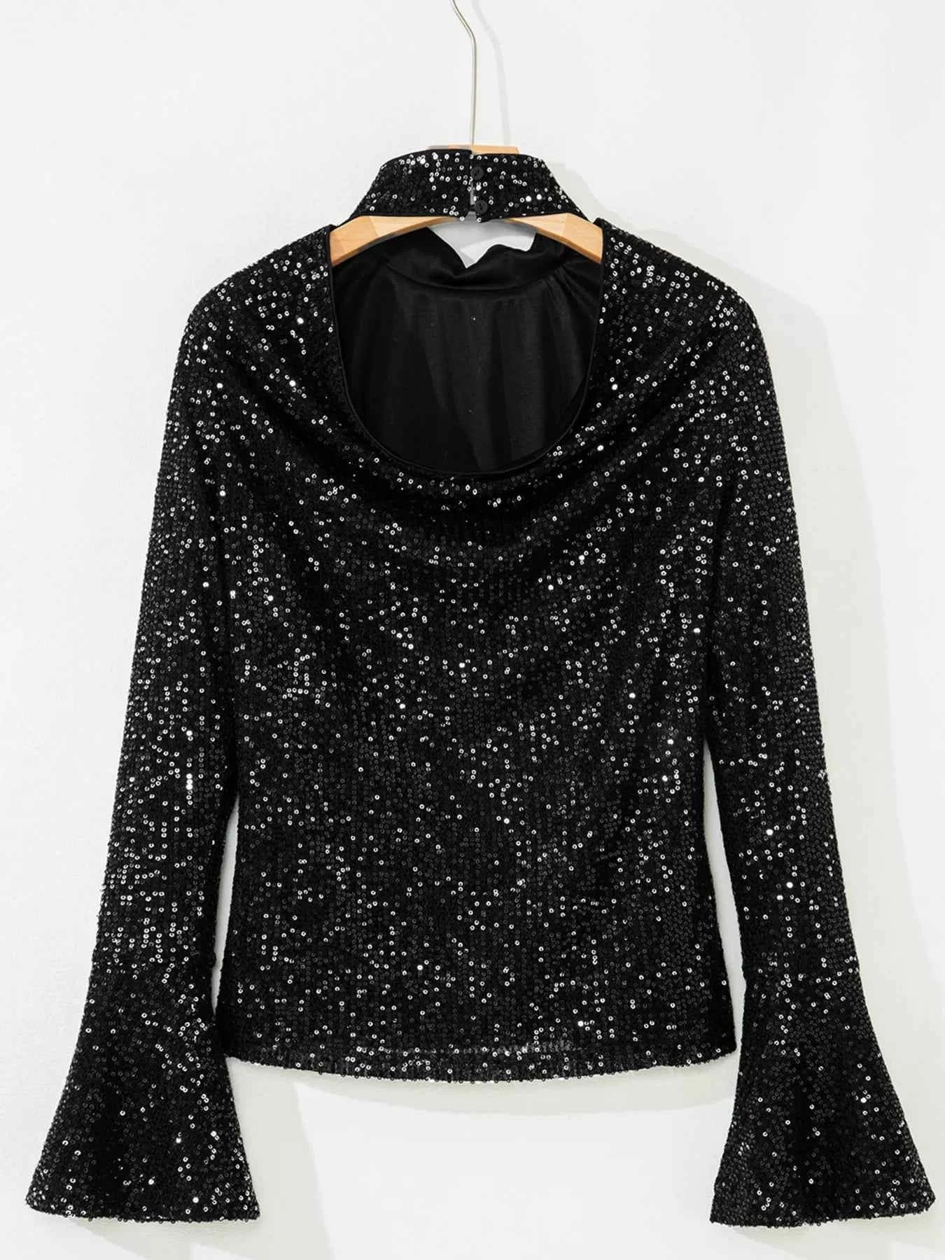 Sequin Mock Neck Drape Open Back Bell Sleeve Top 15534b2d12af47a0ba34f64a742a849d-Max-Origin