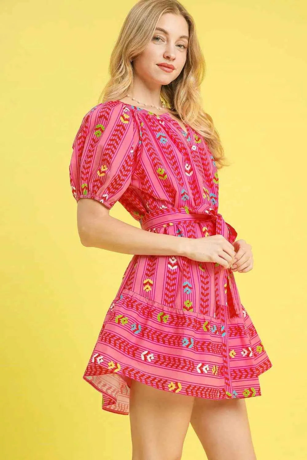 Umgee Printed Tie Waist Puff Short Sleeve Mini Dress 1559396f-fc51-42ff-b869-835e760fbe54-Max-Origin