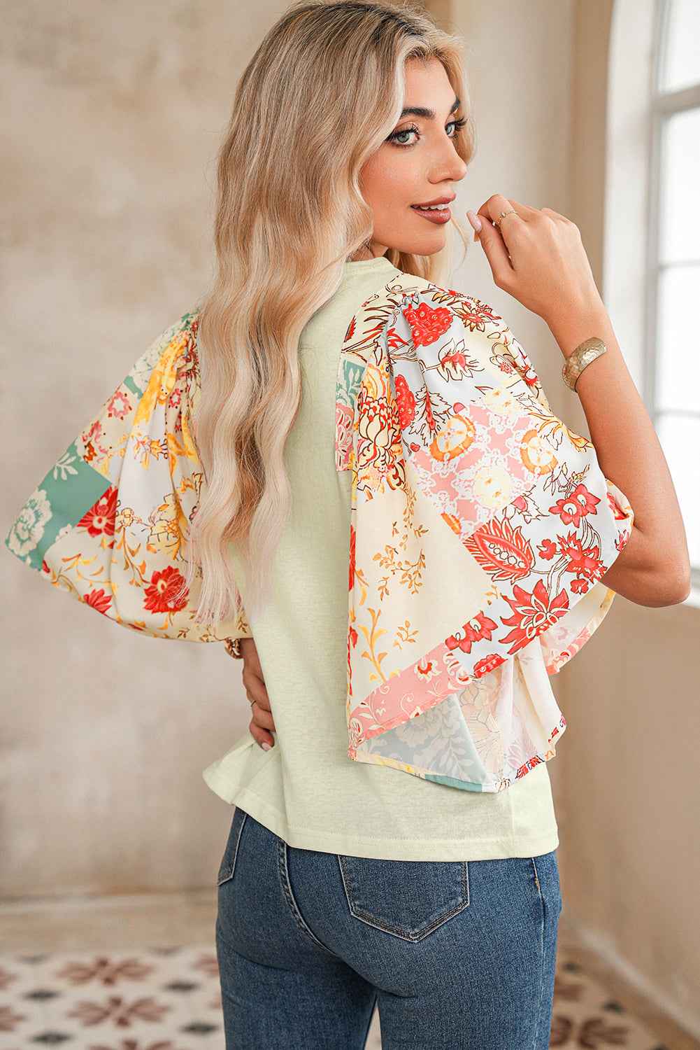 Beige Floral Patchwork Batwing Sleeve Blouse 1588cc4c967a83a8