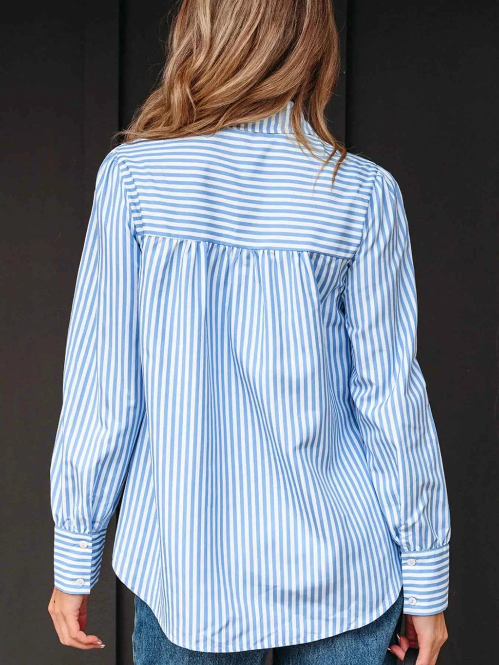 Stripe Shirred Detail Half Placket Collared Long Sleeve Shirt 158a9e57-7863-4c9a-a4e8-eefdaafb2025-Max-Origin