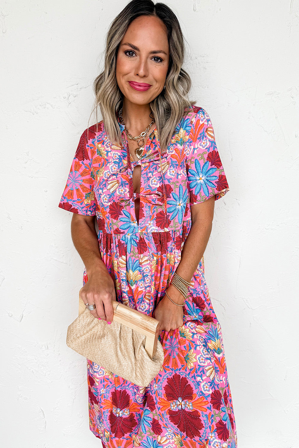 Rose Floral Print Tie Front High Waist Loose Midi Dress 158da70b7a09a441