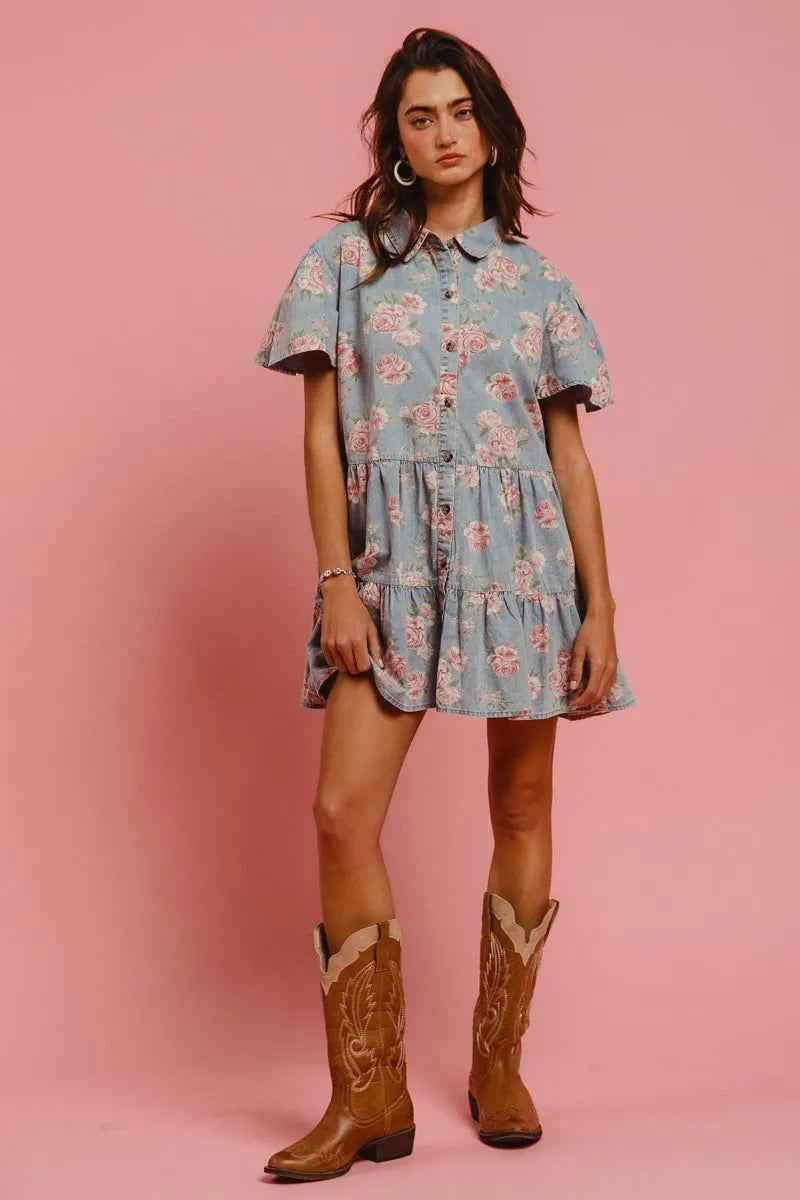 BiBi Floral Print Washed Lightweight Tiered Shirt Dress 15952994c691425ba8f9d7f3eb2e000b-Max-Origin