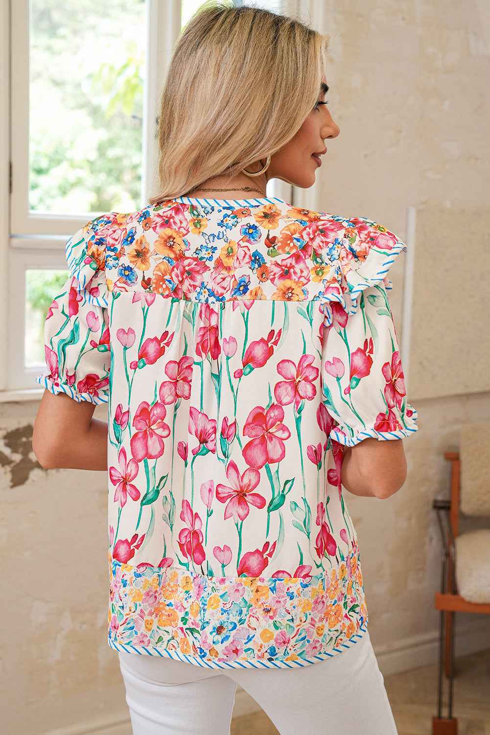 Pink Floral Print Striped Detail Split Neck Short Sleeve Blouse 159a6a949ae2b8cd