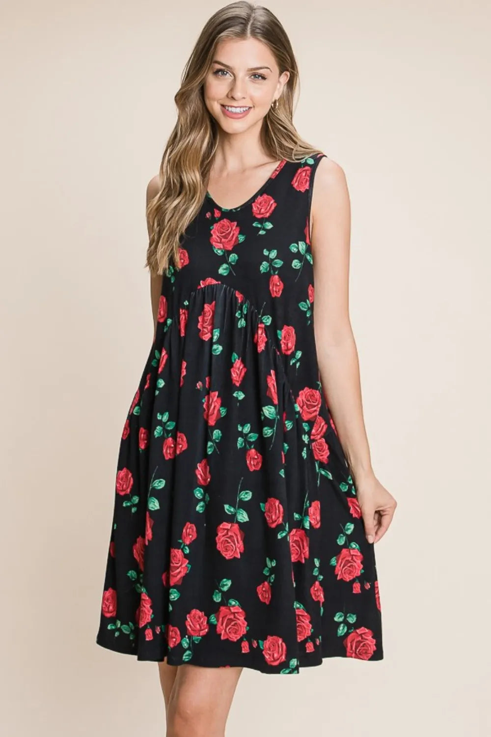 BOMBOM Floral Ruched Tank Dress Black 15c12b07-59c5-4c18-9c70-ebf14c895a66-Max