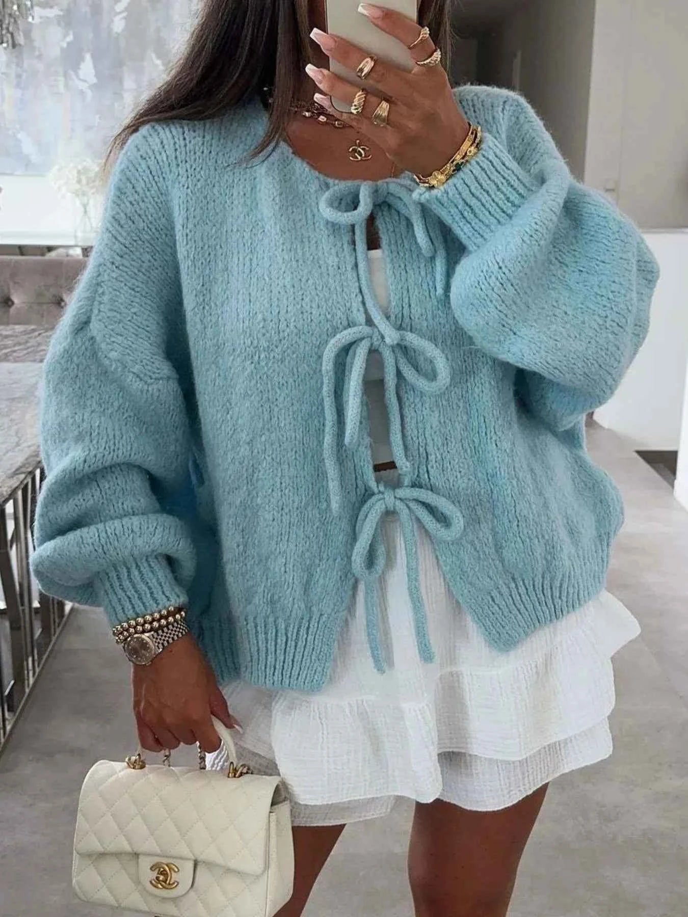 Cozy Bow-Tie Front Knit Cardigan Blue 15c32a67-c85e-4cdd-ab65-7bde420c3cca-Max-Origin