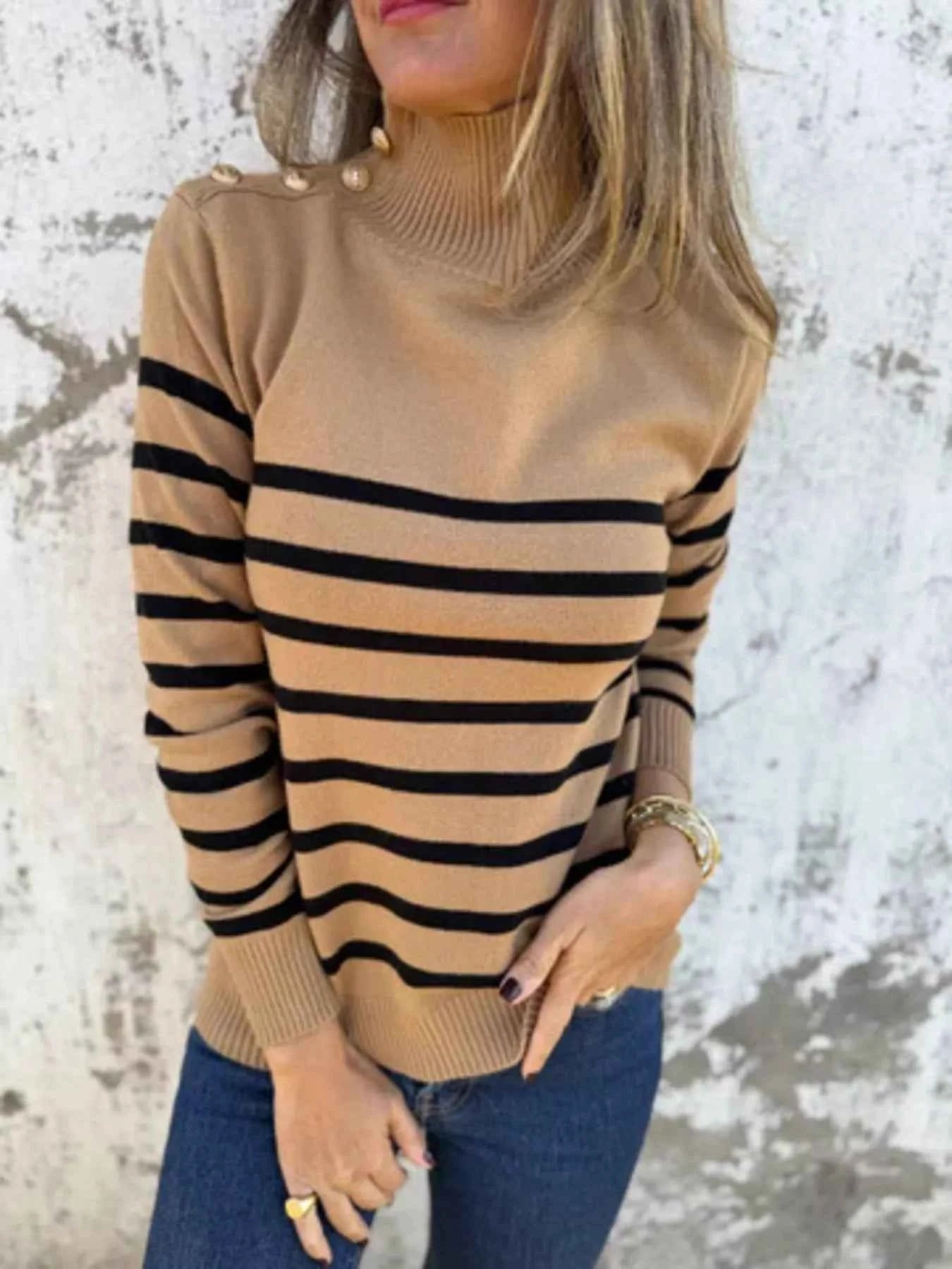 Full Size Striped Turtleneck Long Sleeve Sweater Plus Size Camel 15d105ec751347c5a2d650a560e86068-Max-Origin