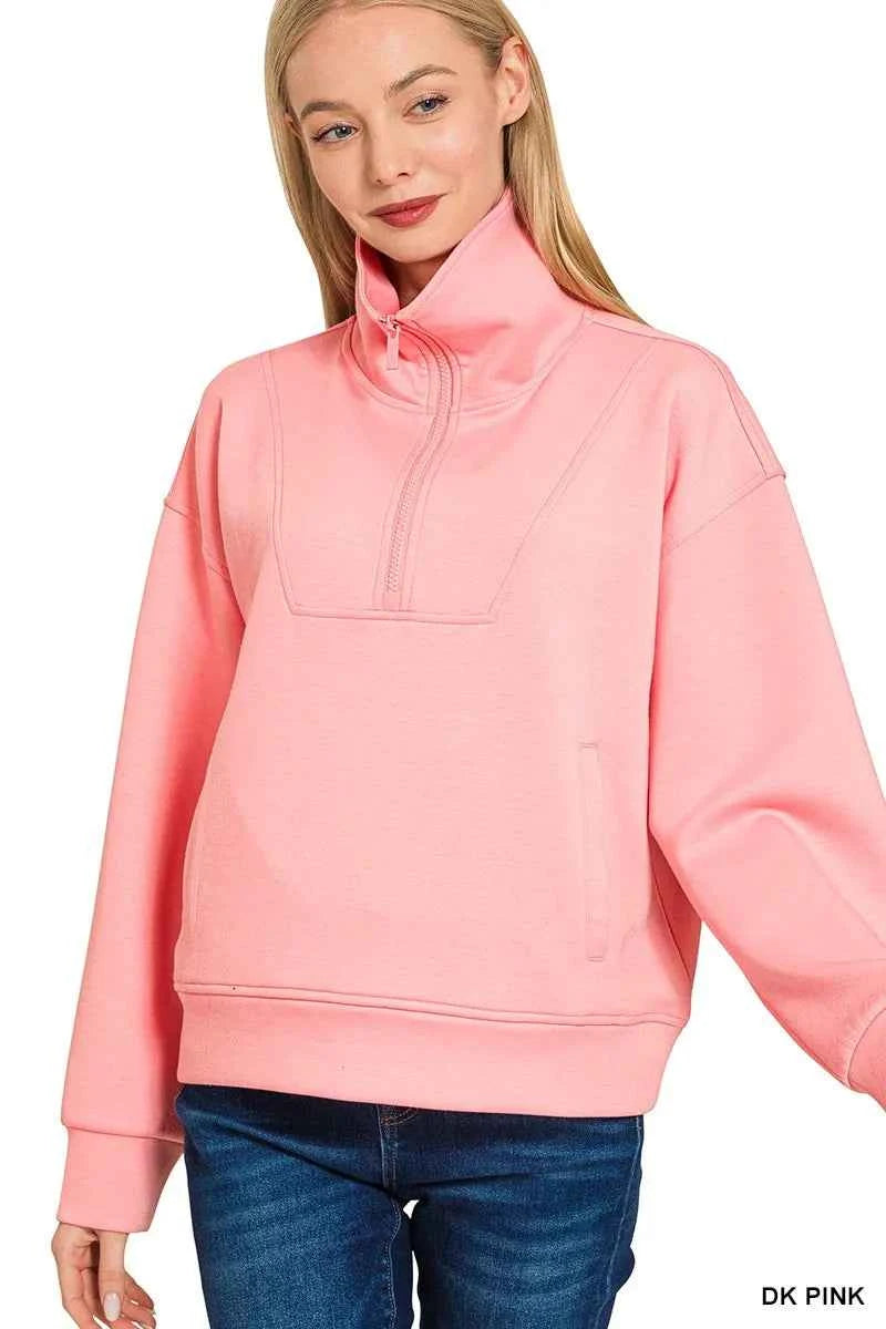 Zenana Scuba Half Zip Sweatshirt with Pockets DK PINK 1601f7c6c99d4daabfb7d1c73007c4cc-Max-Origin