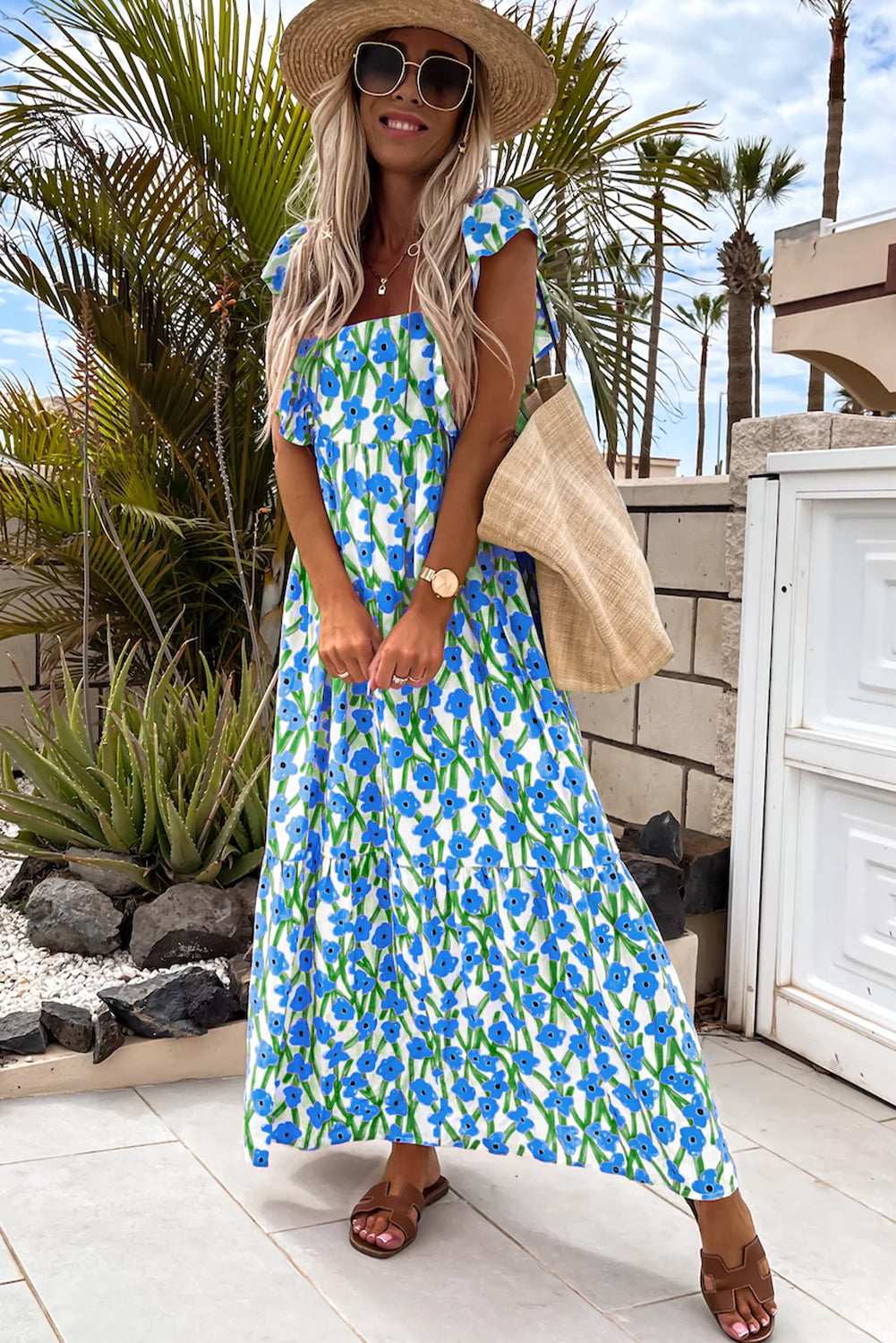 Blue Floral Print Square Neck Ruffled Strap Maxi Dress 162c14d005fefcf8-_4