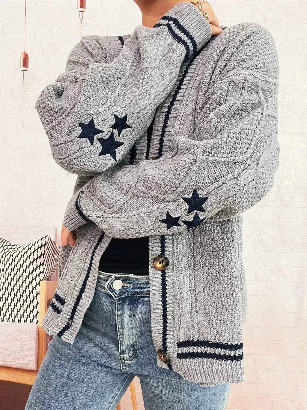 Star Pattern Button-Up Cardigan with Contrast Trim 162cdfa27c5f4bdb9f885ff732a54bee-Max-Origin