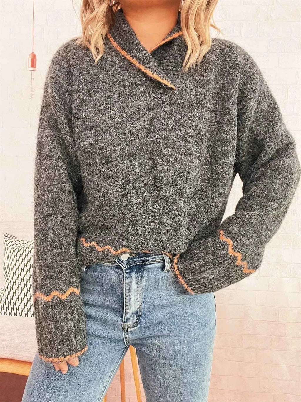 Ribbed Contrast Trim Long Sleeve Sweater 162d7b1828674414a8930ad9d325fbdd-Max-Origin