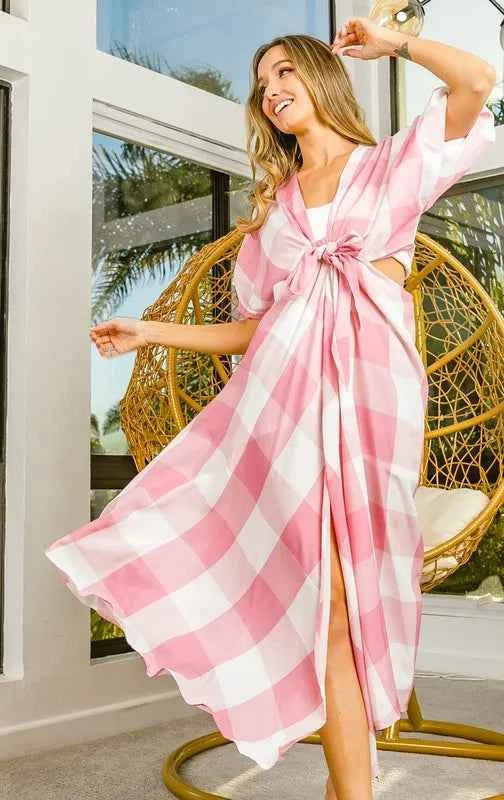 BiBi Front Tied Puff Sleeve Checkered Dress with Cut Out Detail 162e7c8f-ff6c-403f-ad5c-527c8a0d3a21-Max-Origin