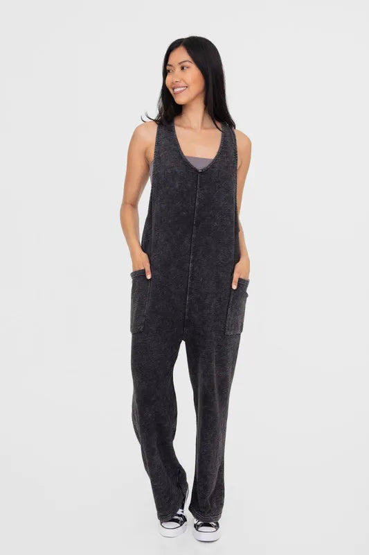 Mono B Mineral-Washed V Neck Overalls with Pockets Black 163d1a82-f23d-4771-87b2-64a56b09623d-Max