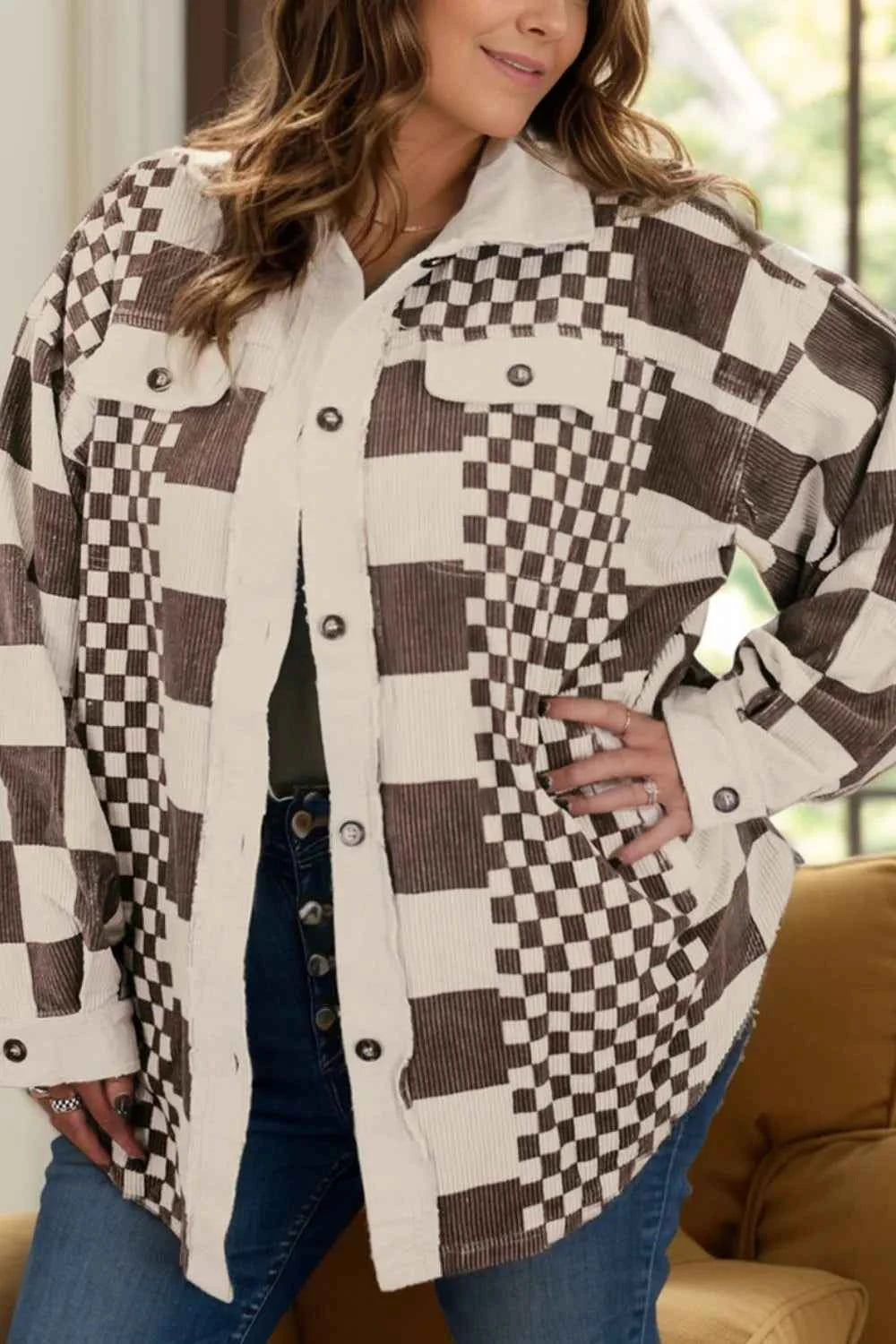 Plus Size Checkered Button Up Long Sleeve Jacket Chocolate 1640bbfa-55e0-492d-b1d8-902df0a467b6-Max