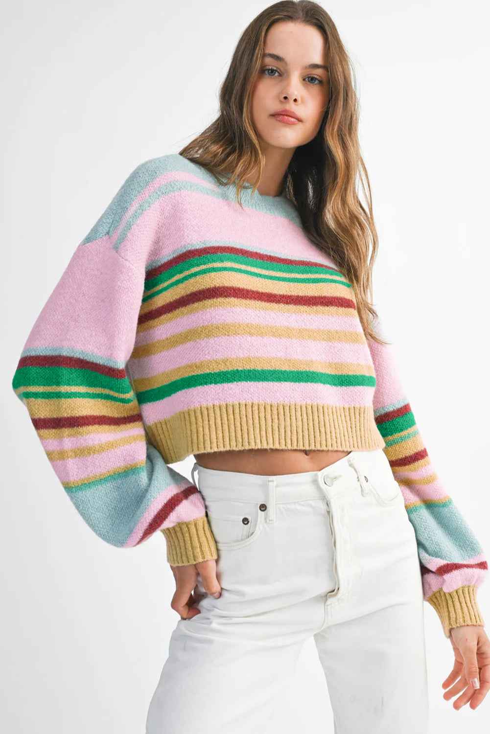 Multicolour Striped Knit Ribbed Trim Boxy Fit Cropped Sweater 16565cc4a9e310e3