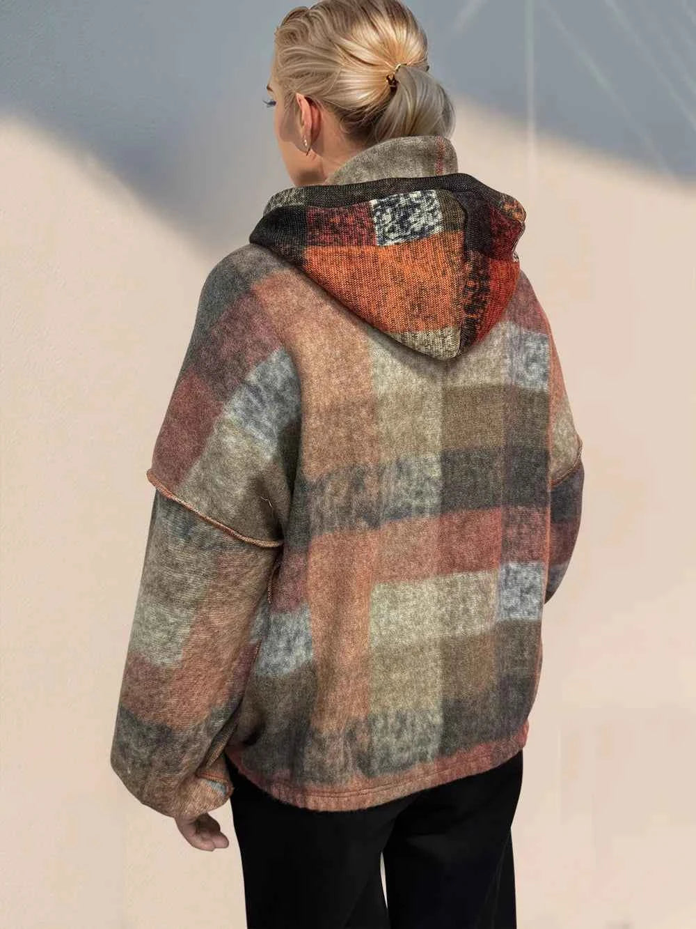 Double Take Full Size Half Zip Exposed Seam Fleece Hoodie 1659df21-42c9-43f8-872a-d0060cca6561-Max