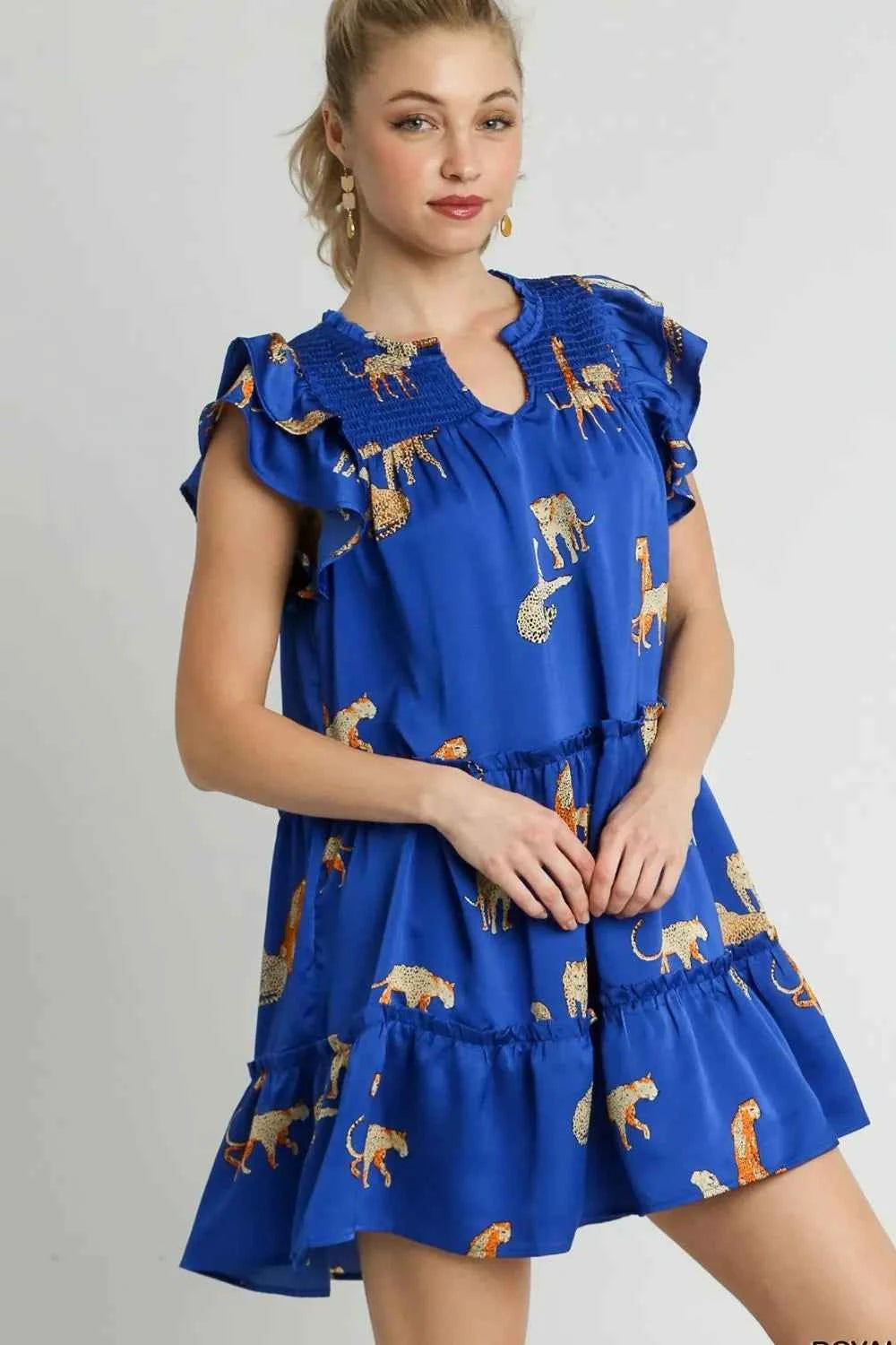 Umgee Full Size Cheetah Print Notched Ruffle Layered Cap Sleeve Mini Dress Plus Size Royal Blue 1660d8f4-b325-40de-bd3a-ec1e80e8ba0f-Max