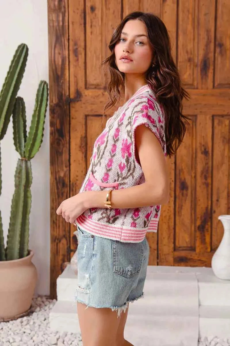 SO ME Button Front Floral and Stripe Knitted Sweater Vest 1673aac665fd4607b39bbcec925a3592-Max-Origin