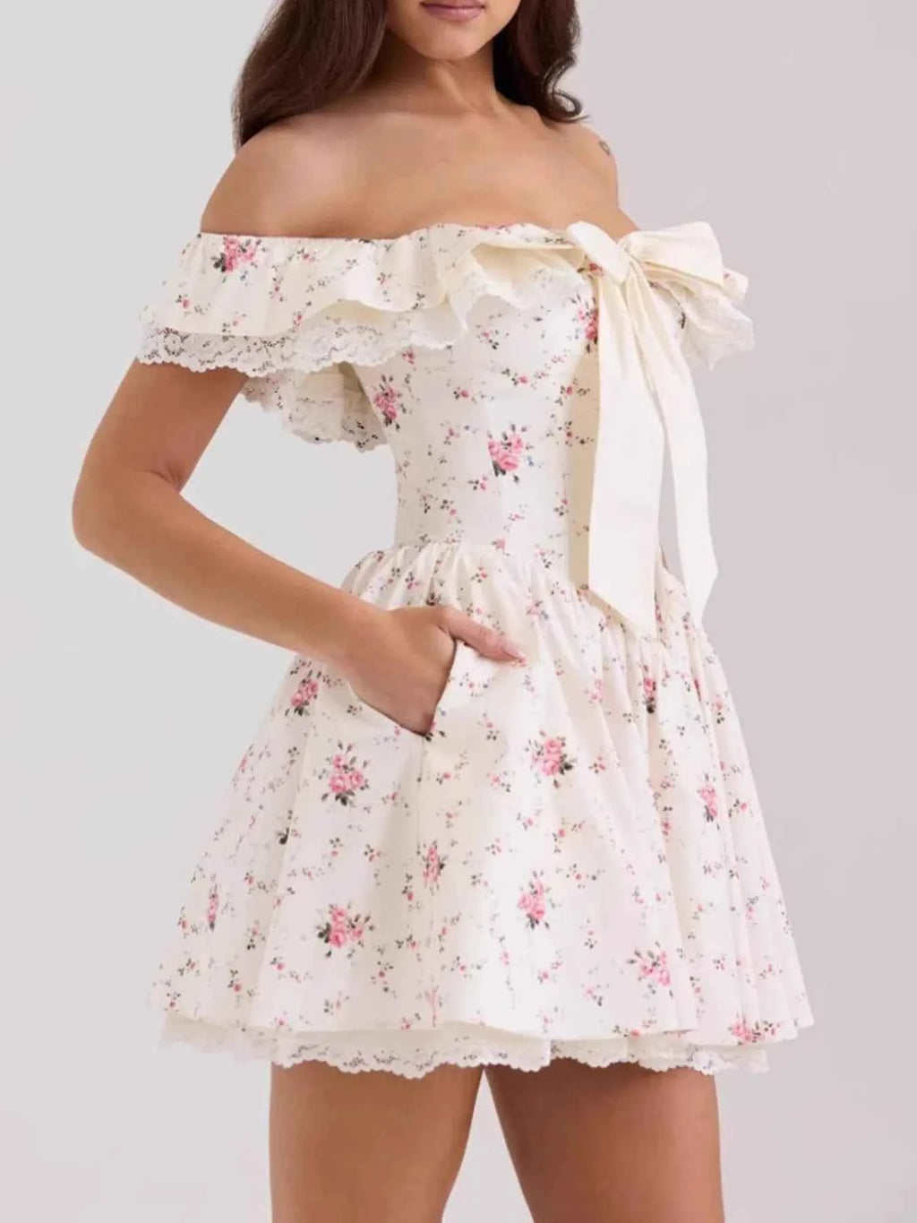 Off-Shoulder Floral Lace Trim Mini Dress 167e8189-4011-4a76-b8d8-7b0f6d0734ba-Max-Origin