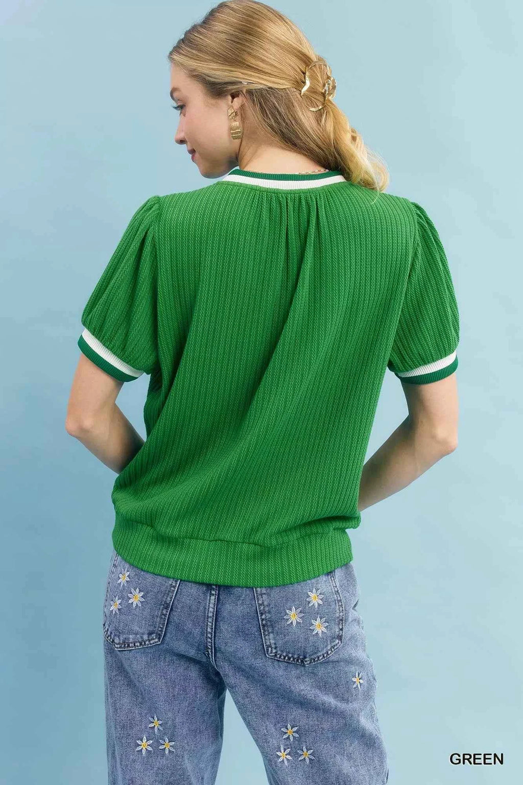 Umgee Puff Sleeve Knit Top with Contrast Rib Trim 1681e1b3-7b59-4f76-b461-f491d40741b8-Max-Origin