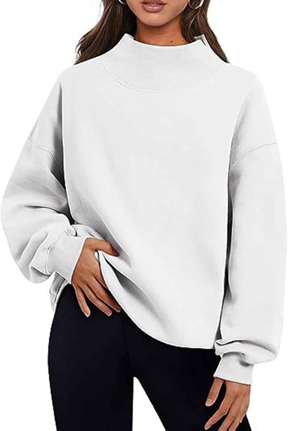 Chicory Coffee Solid Color High Neck Long Sleeve Loose Sweatshirt White 95%Polyester+5%Elastane 1685b1af6fc1e11c