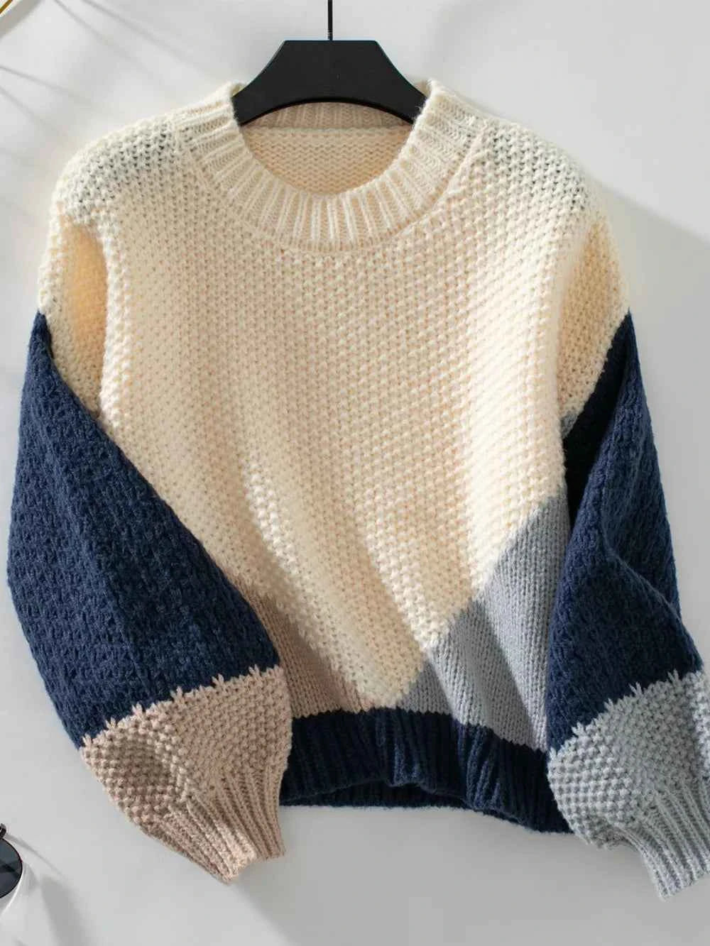 Color Block Round Neck Dropped Shoulder Sweater Navy 1695c2f8-d45b-482f-bbc0-6ca783333a9c-Max