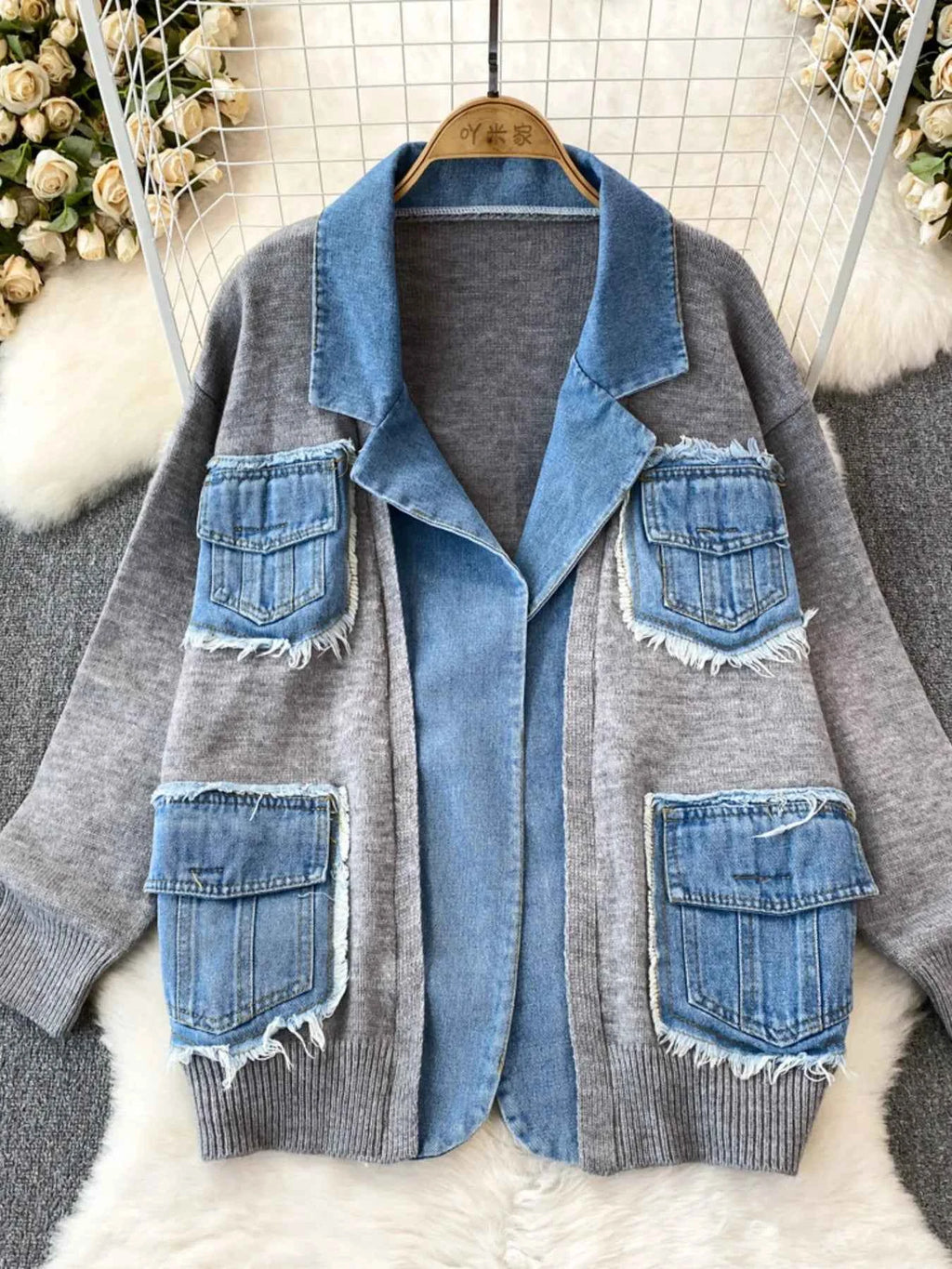 Raw Hem Denim Pocket Patchwork Cardigan 16ae2137563143bba6f2eece52e905d3-Max-Origin