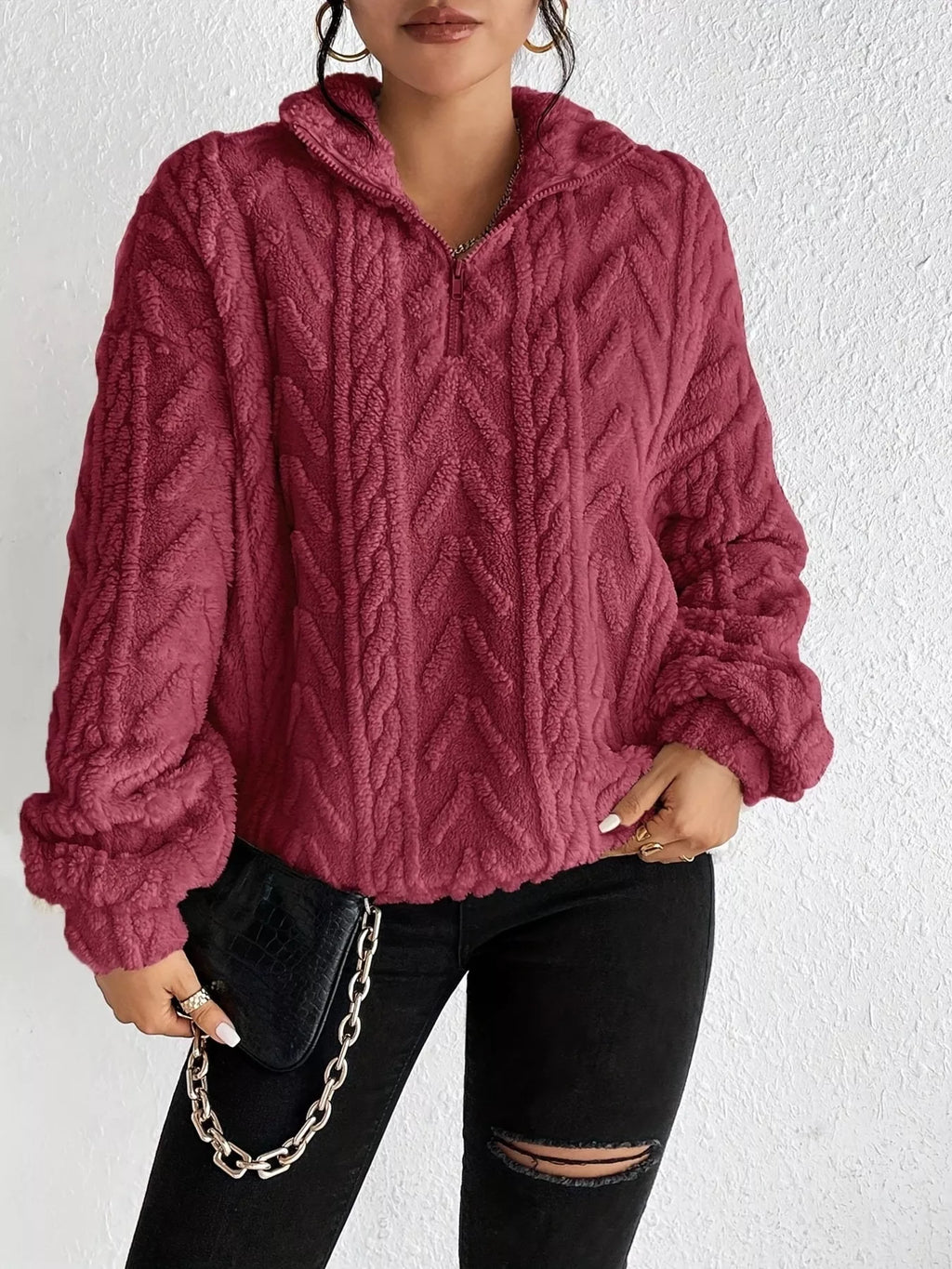 Quarter Zip Dropped Shoulder Sherpa Sweatshirt 16b6258a2b47420eb90fbd04784d8716-Max-Origin