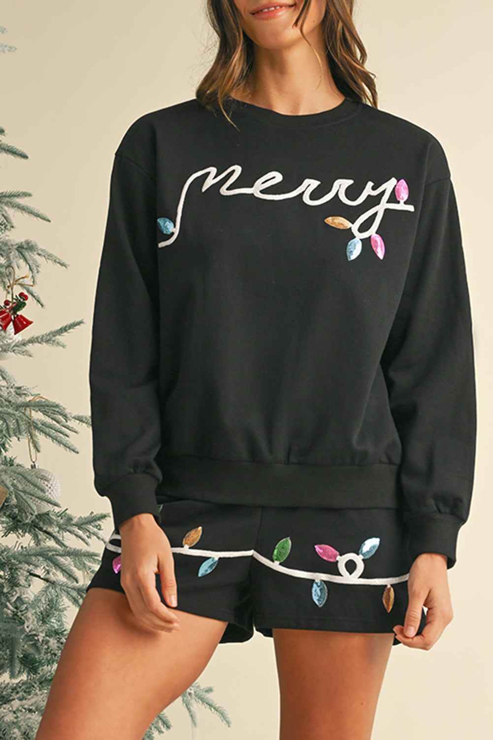 Black Sequin Merry Graphic Pullover and Shorts Set Black 70%Polyester+30%Cotton 16bb6aaf6174c9fe