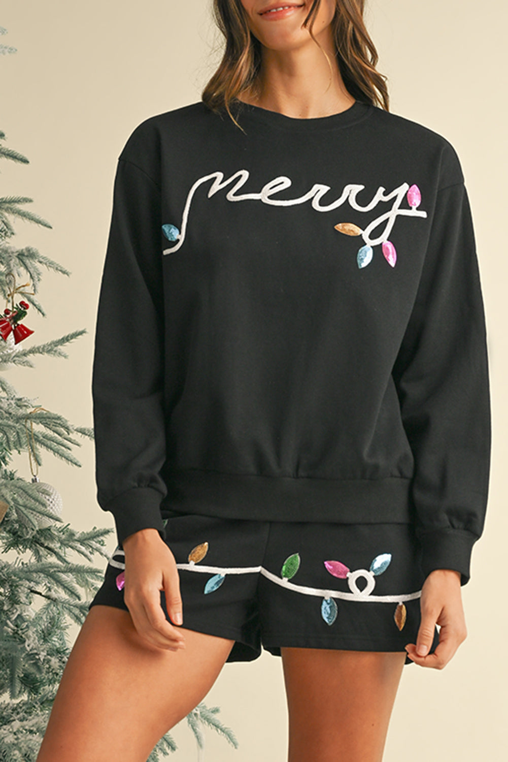 Black Sequin Merry Graphic Pullover and Shorts Set Black 70%Polyester+30%Cotton 16bb6aaf6174c9fe