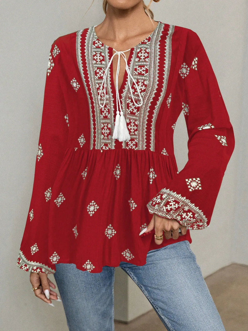 Tie Front Long Sleeve Blouse 16bdad89244341c6a294b80f76438962-Max-Origin