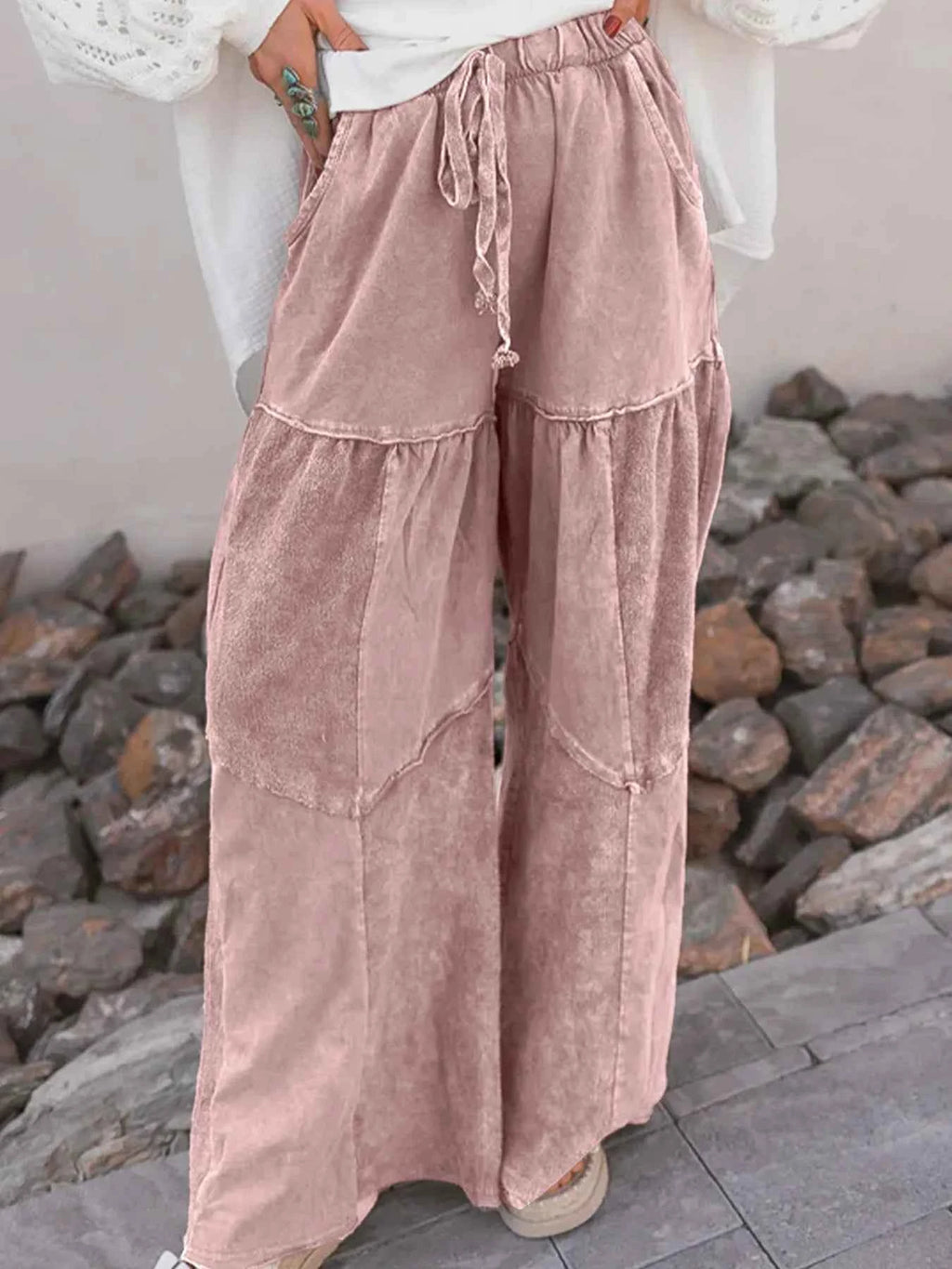 Mineral Wash Tiered Wide Leg Patchwork Drawstring Pants Dusty Pink 16cb844b1d1749a2be2cf73b244f2dcf-Max-Origin