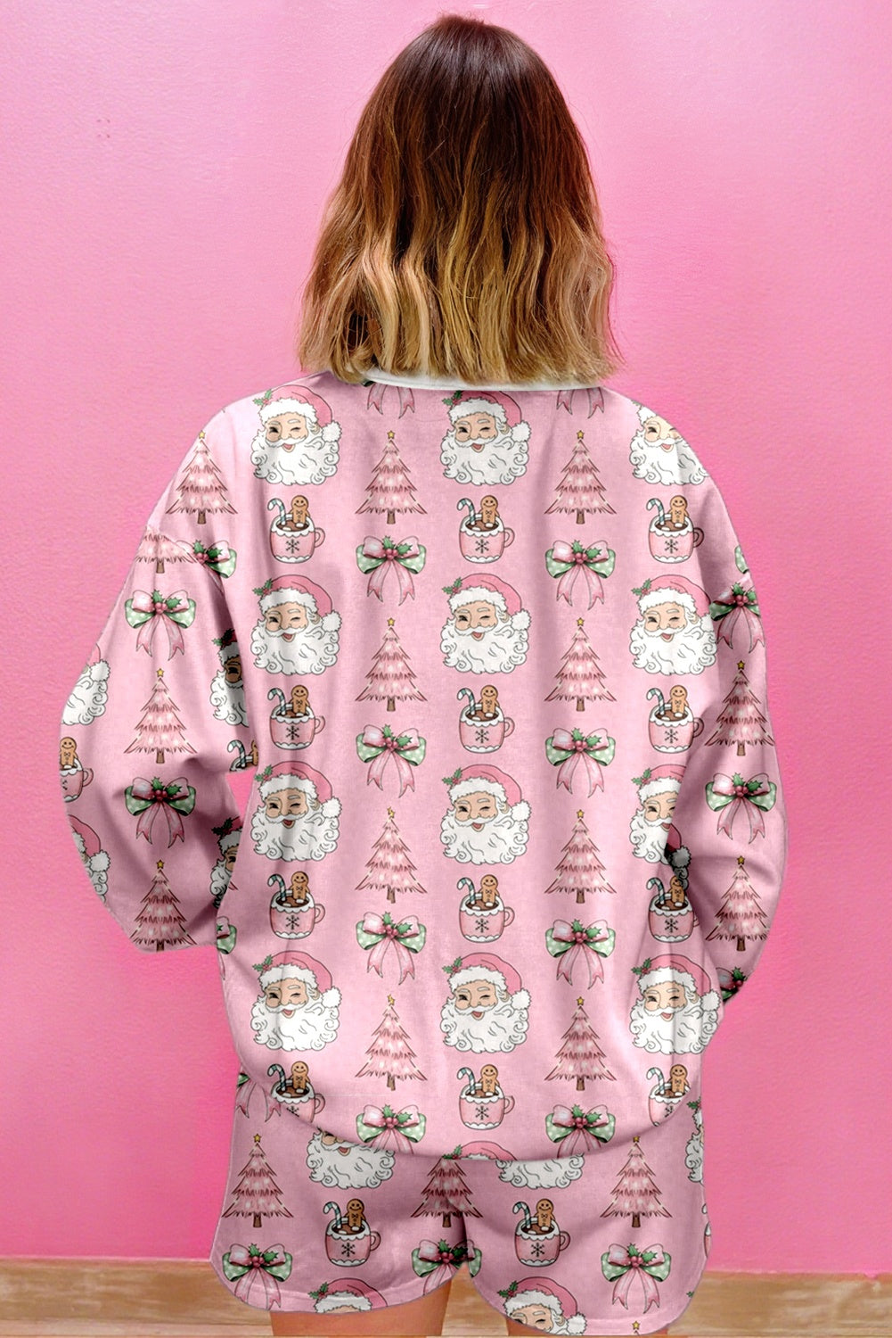 Pink Santa Claus Graphic Christmas Tree Pajama Set Pink 95%Polyester+5%Elastane 16d0002123c67cd8