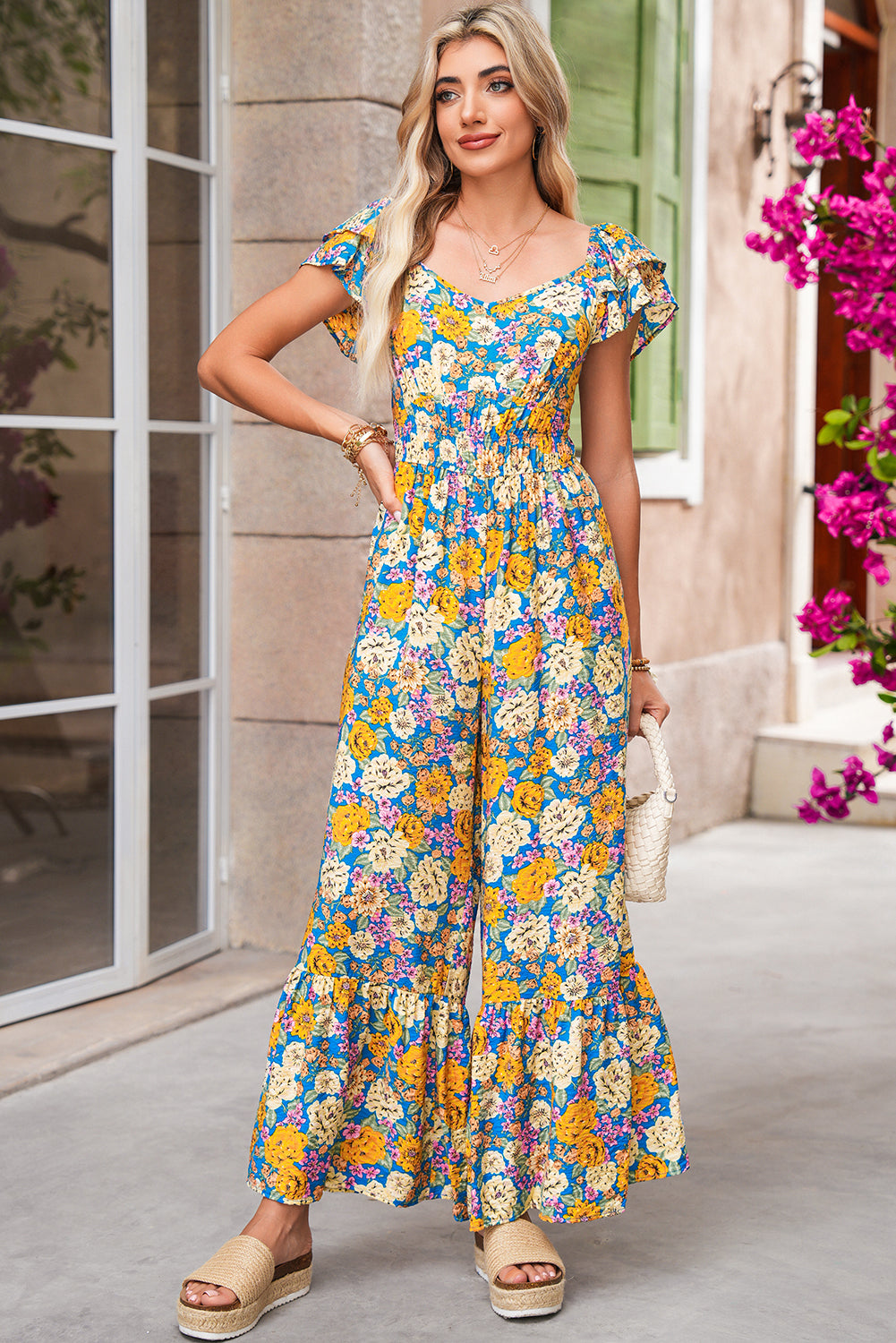 Yellow Floral Allover Print Shirred Cut Out High Waist Jumpsuit 16f9fdcd520fb5df