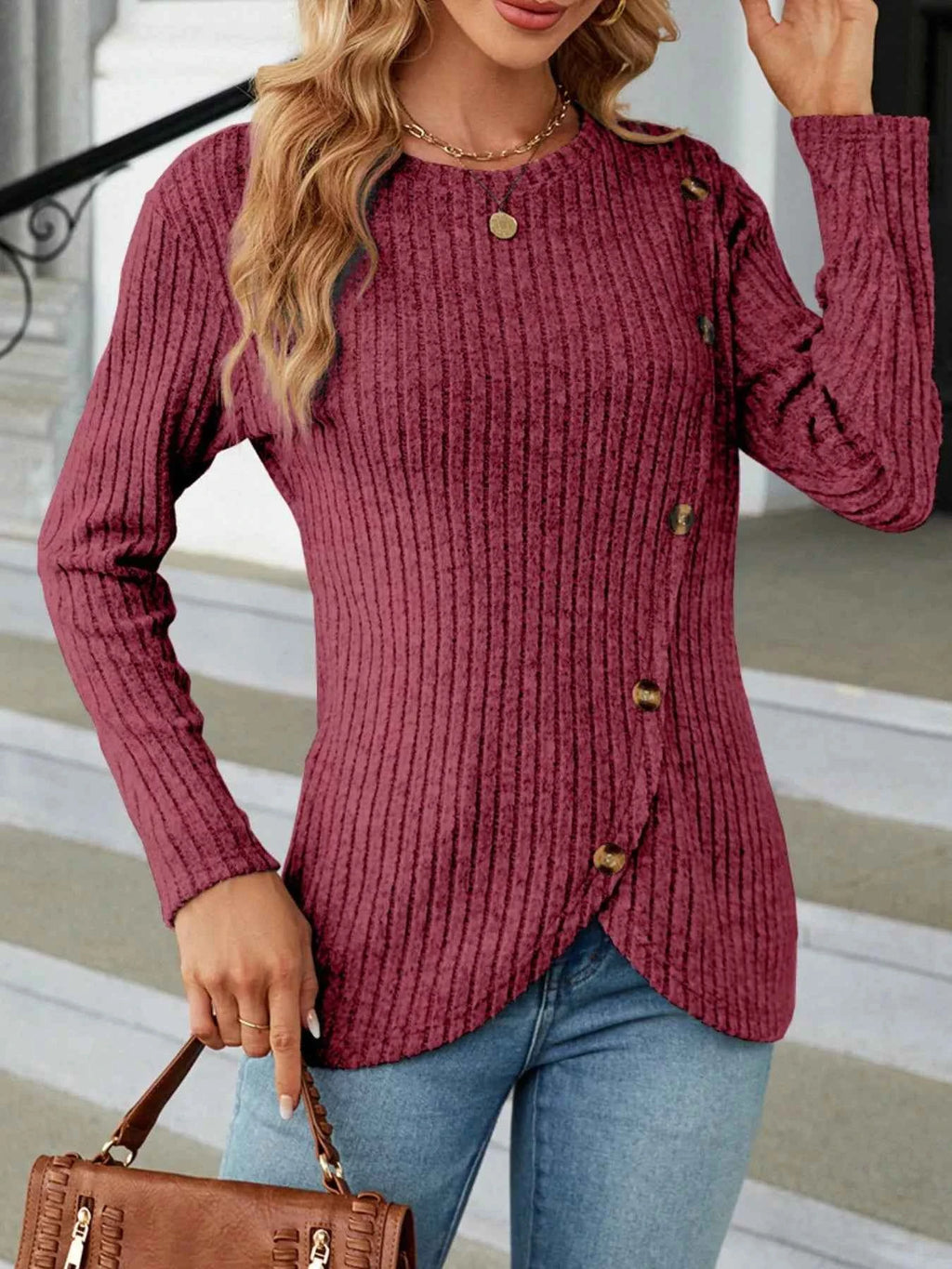 Ribbed Knit Decor Button T-Shirt 17076b7c-4b87-4dc2-b20d-71d74822a510-Max-Origin