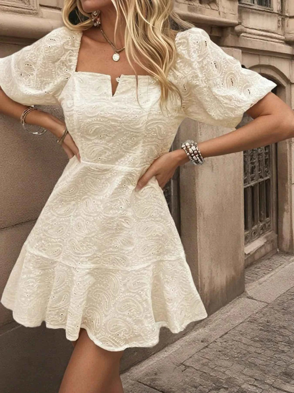Eyelet Puff Sleeve Mini Dress 170d8052642b45d489d3012d8bc729d0-Max-Origin