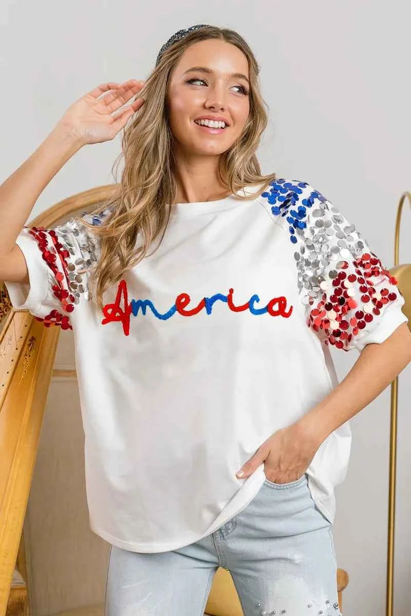 BiBi America Letter Applique Spangle Puff Sleeves Top 1721194e8c3d49349a42829cc0784aef-Max-Origin