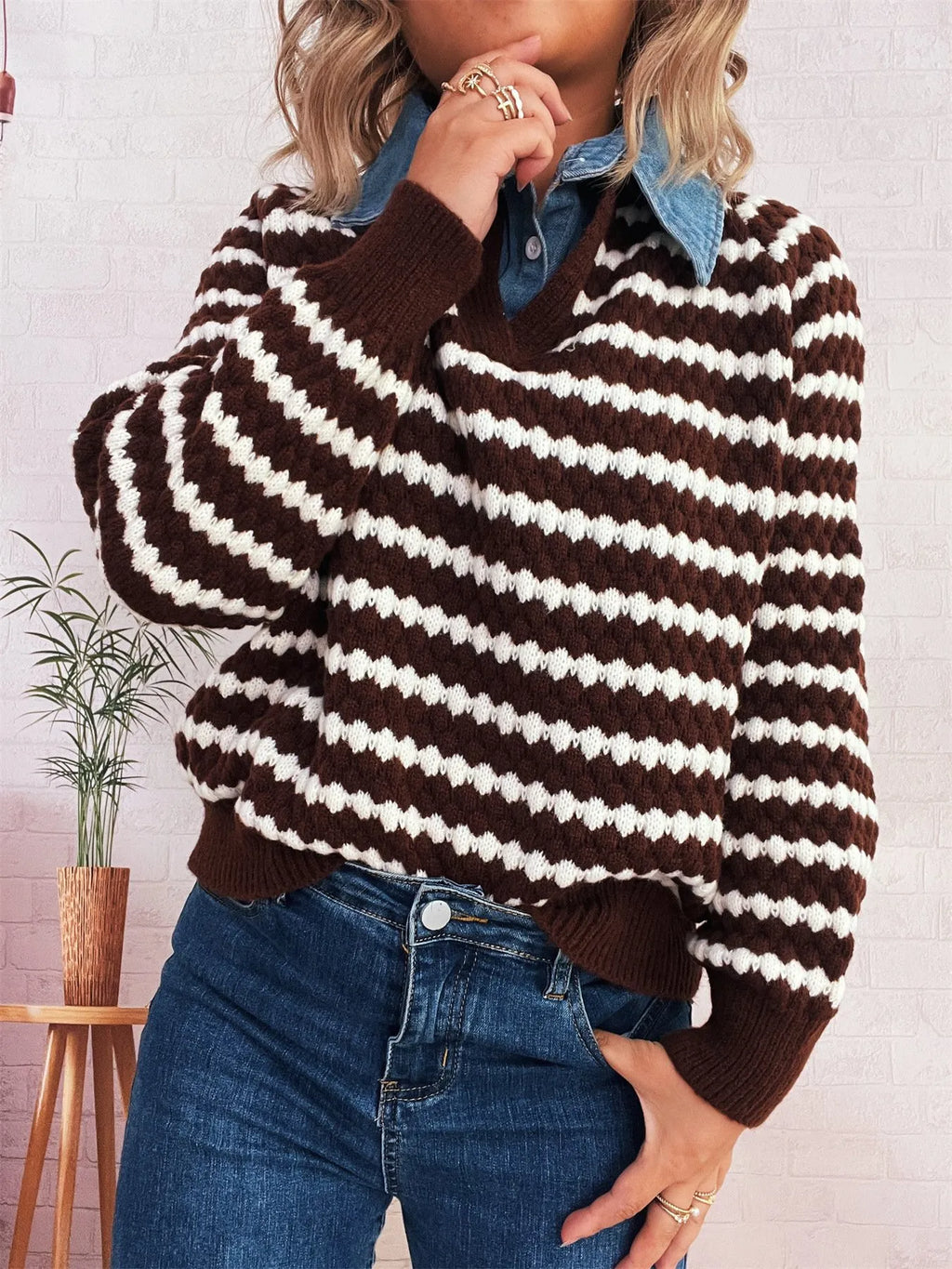 Contrast Striped Sweater with Denim Collar 172a5c0a-908e-452c-826b-06079034c48f-Max-Origin