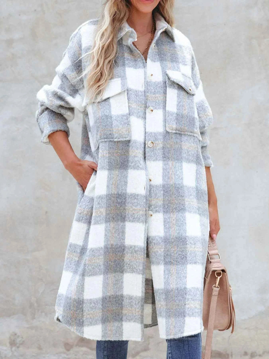 Oversized Plaid Button Up Longline Jacket Light Gray 1731437c-11a1-4531-a330-a3572d05f6c9-Max-Origin