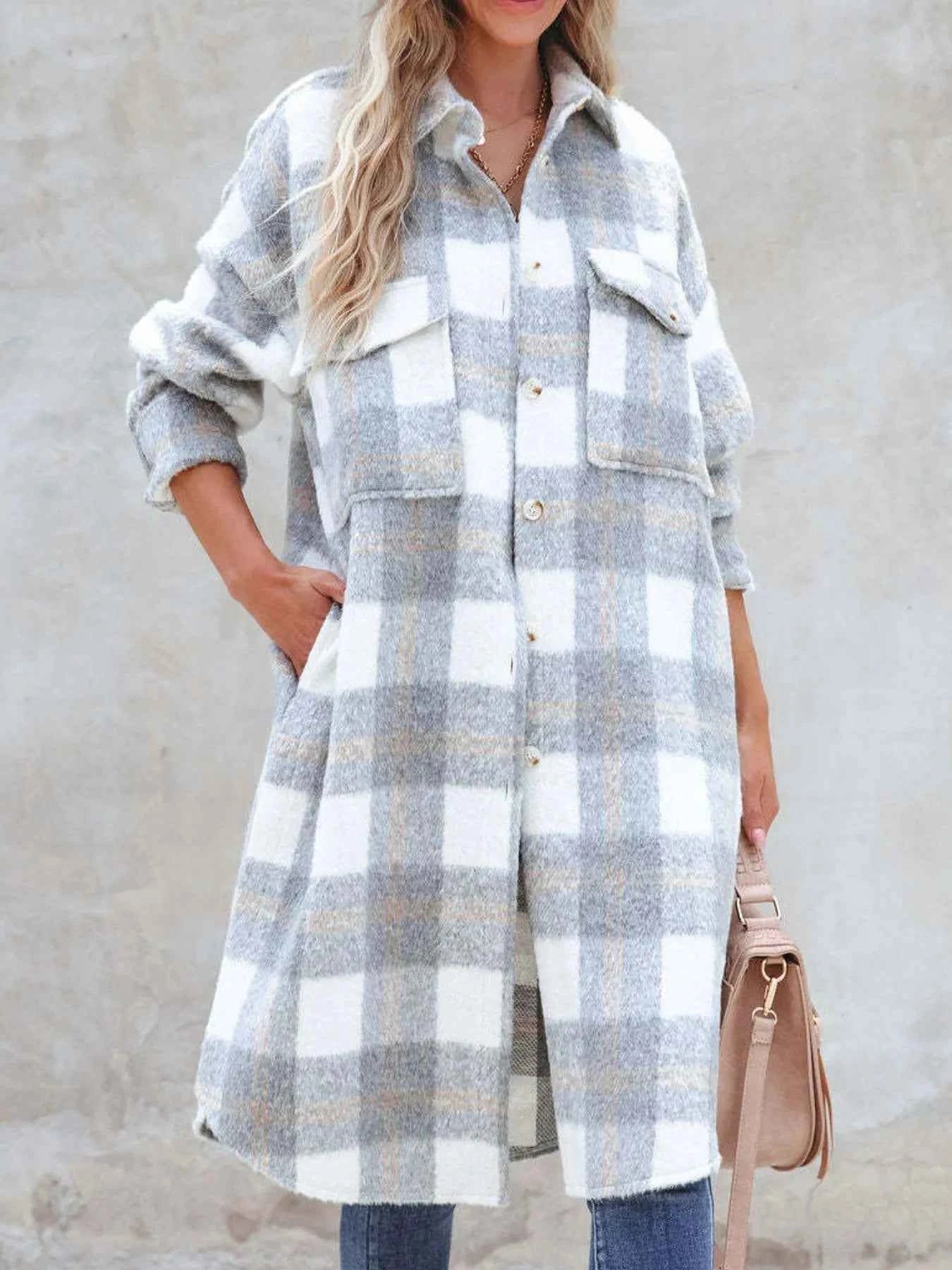 Oversized Plaid Button Up Longline Jacket Light Gray 1731437c-11a1-4531-a330-a3572d05f6c9-Max-Origin