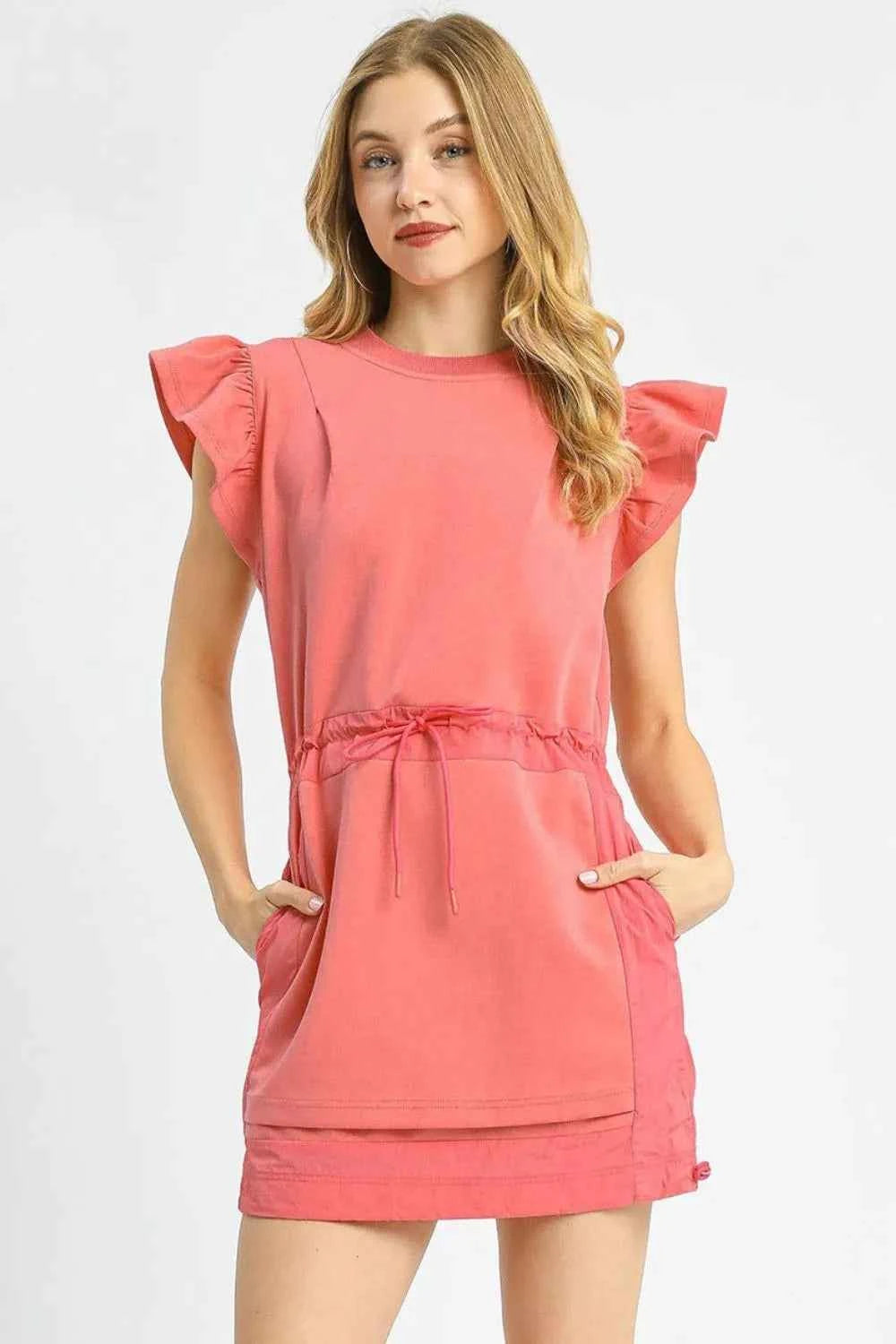 Umgee Luxe knit Ruffle Sleeve Drawstring Mini Dress Strawberry 1736b249-8333-44af-92fd-dac516d30710-Max-Origin