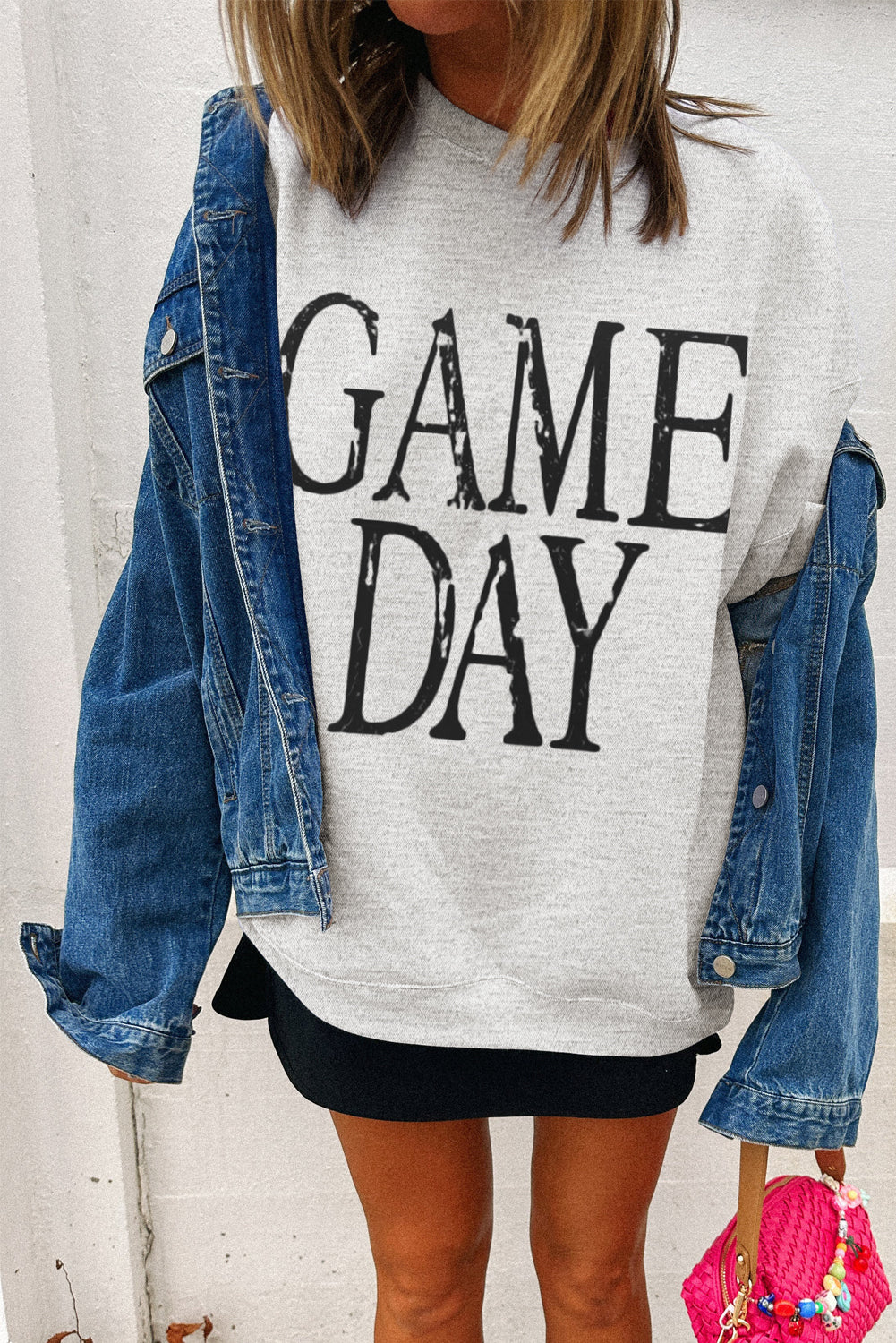 Black GAME DAY Vintage Washed Letter Graphic Baggy Sweatshirt Black 65%Polyester+35%Cotton 1743a50b6d7eba0f