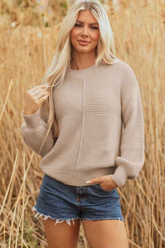Ribbed Patchwork Textured Knit Puff Sleeve Sweater