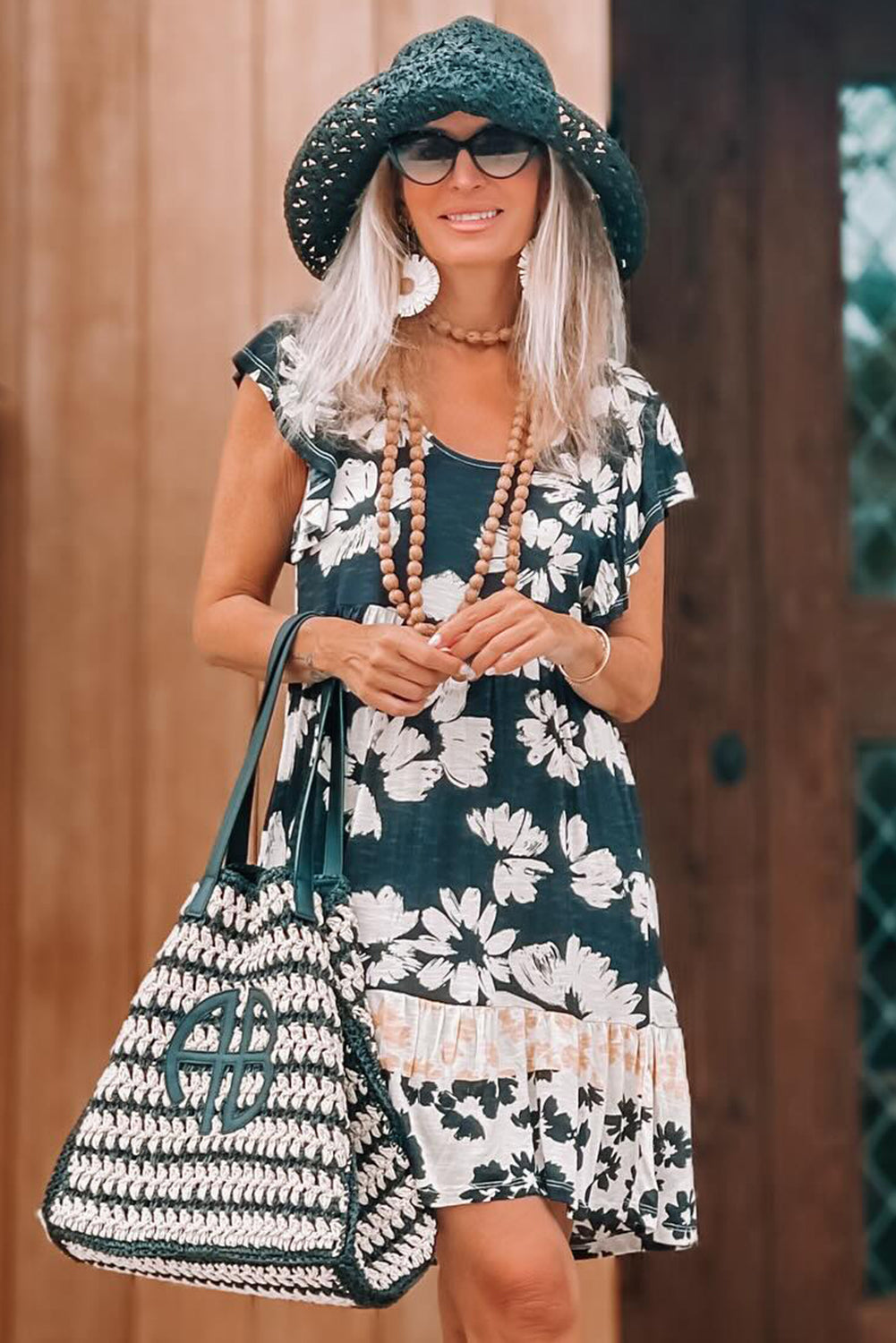 Dark Green Floral Print Ruffle Sleeve Empire Waist Mini Dress 177bd44f9e420e63