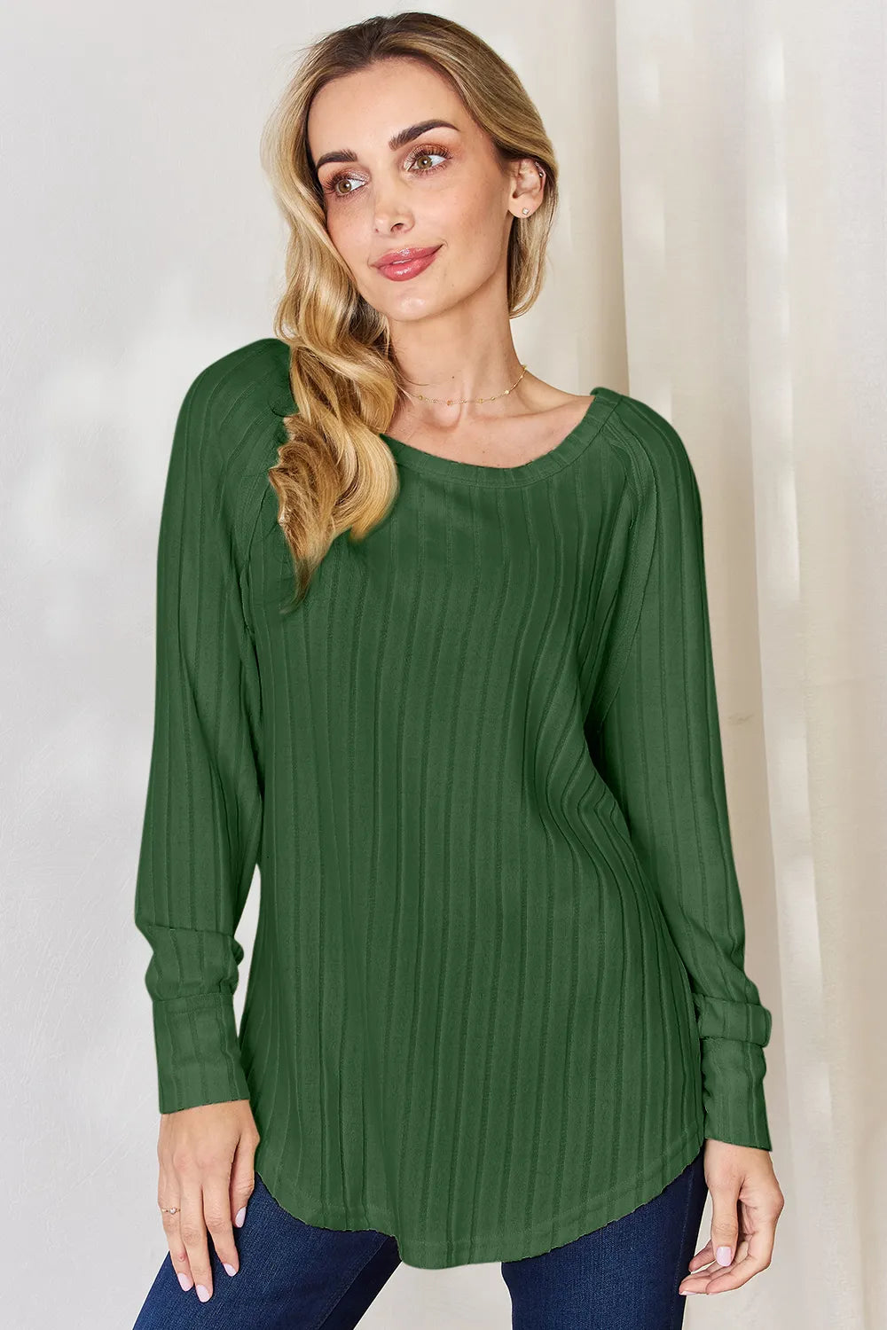 Basic Bae Full Size Ribbed Round Neck Slit T-Shirt Green 179c319b-7677-47f7-b3bd-a610352554c4-Max