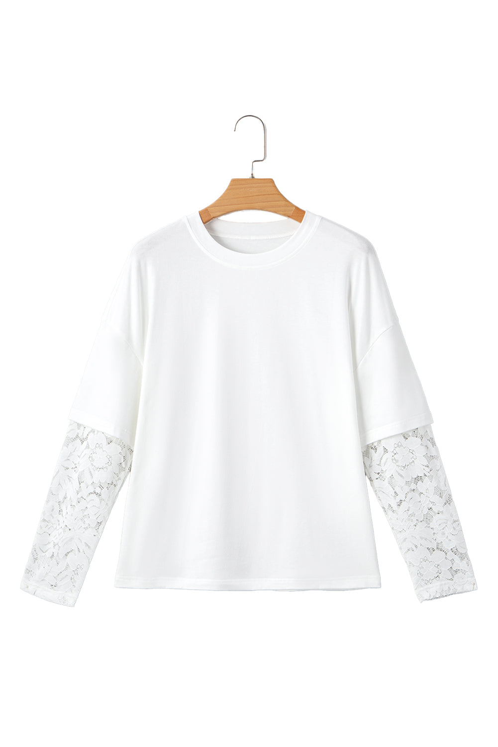White Fake Two-Piece Lace Long Sleeve Drop Shoulder Tee 17baa165ac1a78a3