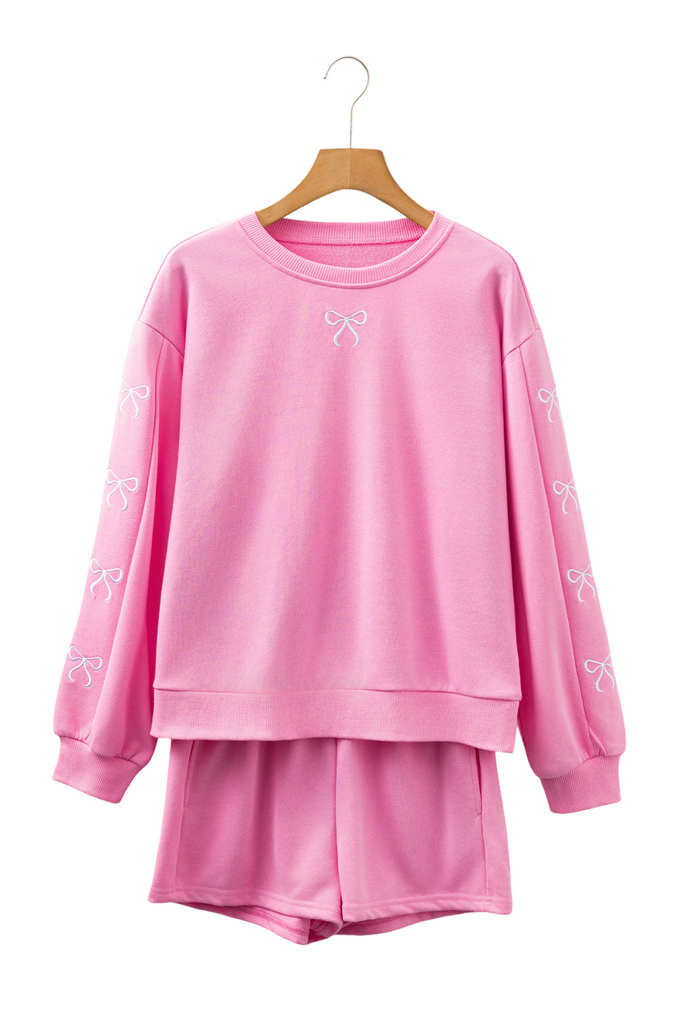 Sachet Pink Bow Embroidery Long Sleeve Pullover and High Waist Shorts Set 17d5d7b6b079fc7e