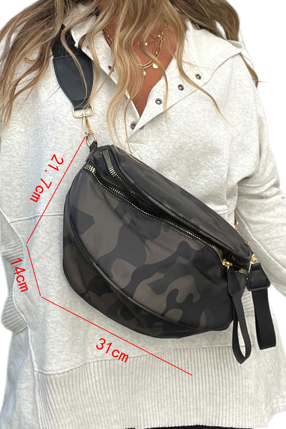White Camouflage Print Double Zipper Crossbody Bag Vineyard Green ONE SIZE 95%PU+5%Alloy 17eebb07f801aeab